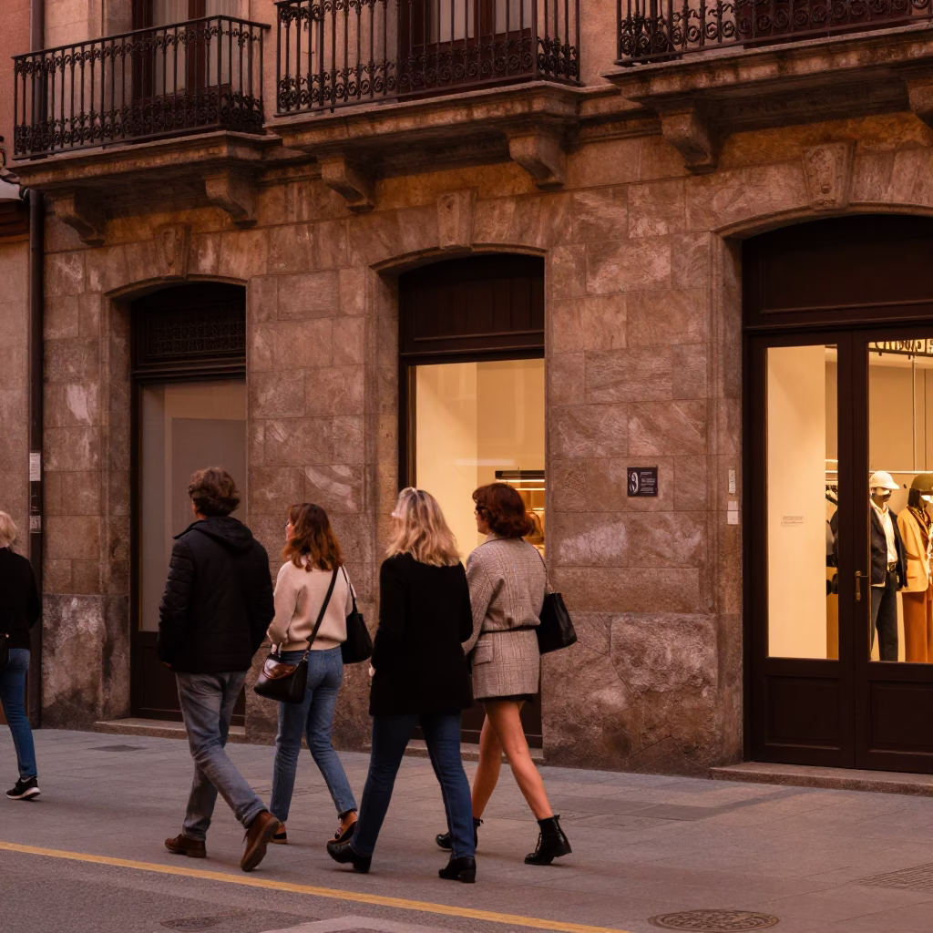 Bilbao Spain copper dusk street scene with vintage 1980s fashion and architecture in in Bilbao, Spain