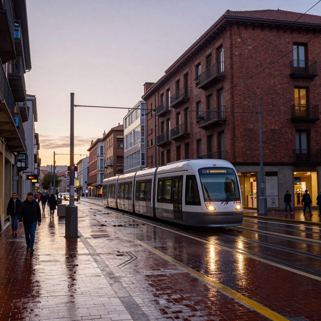 Bilbao Spain Dawn Street Scene with Monorail and Wet Brick Architecture in in Bilbao, Spain