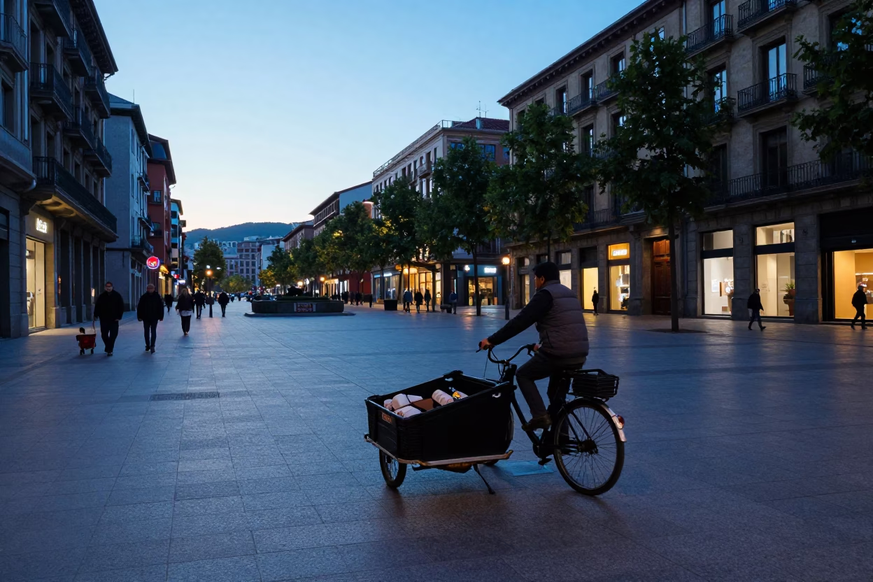 Bilbao Spain Dawn Street Scene with Wine Opener and Cargo Bicycle Near Guggenheim in in Bilbao, Spain