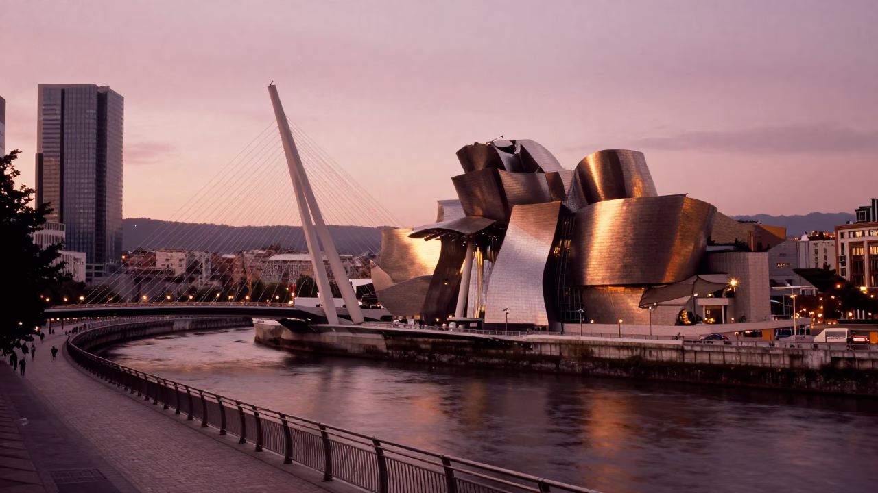 Bilbao Spain Dusk Guggenheim Bridge and Casco Viego Street Scene in in Bilbao, Spain