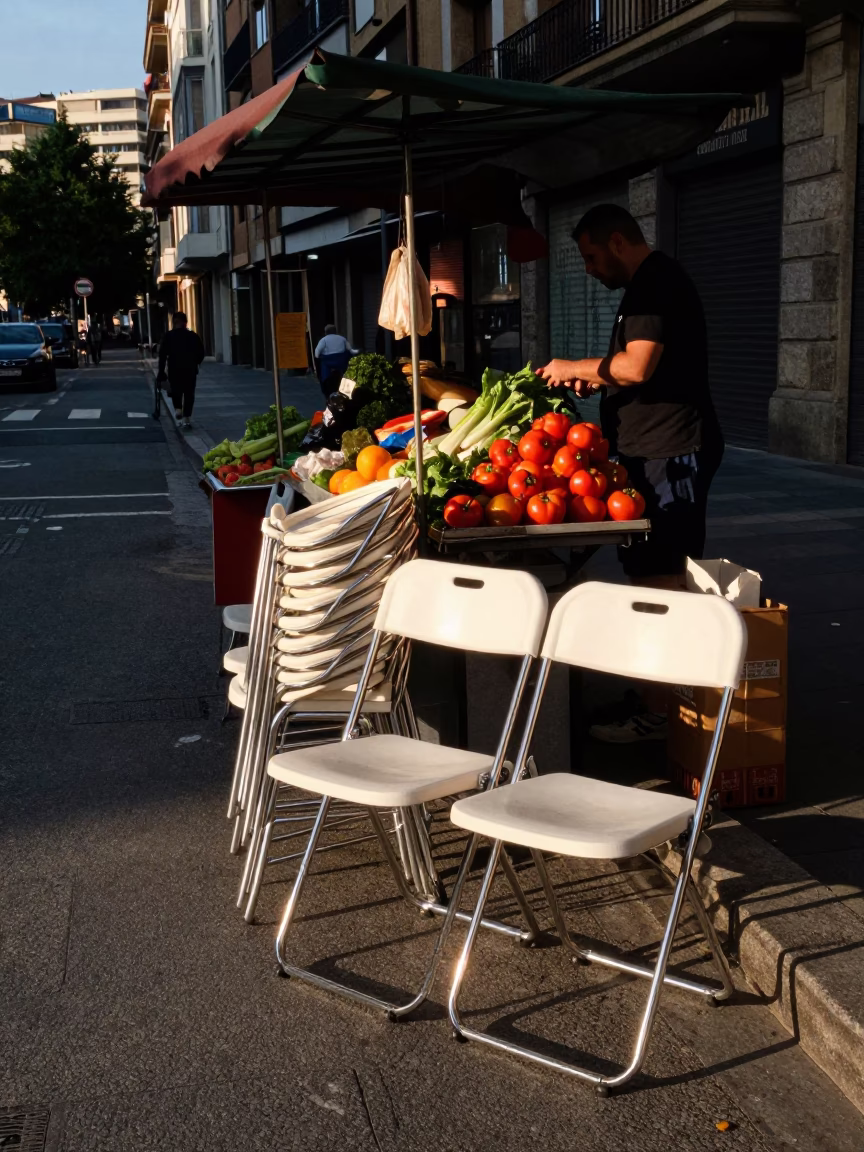 Bilbao Spain Early Afternoon Street Scene with Folding Chairs and Turnips in in Bilbao, Spain