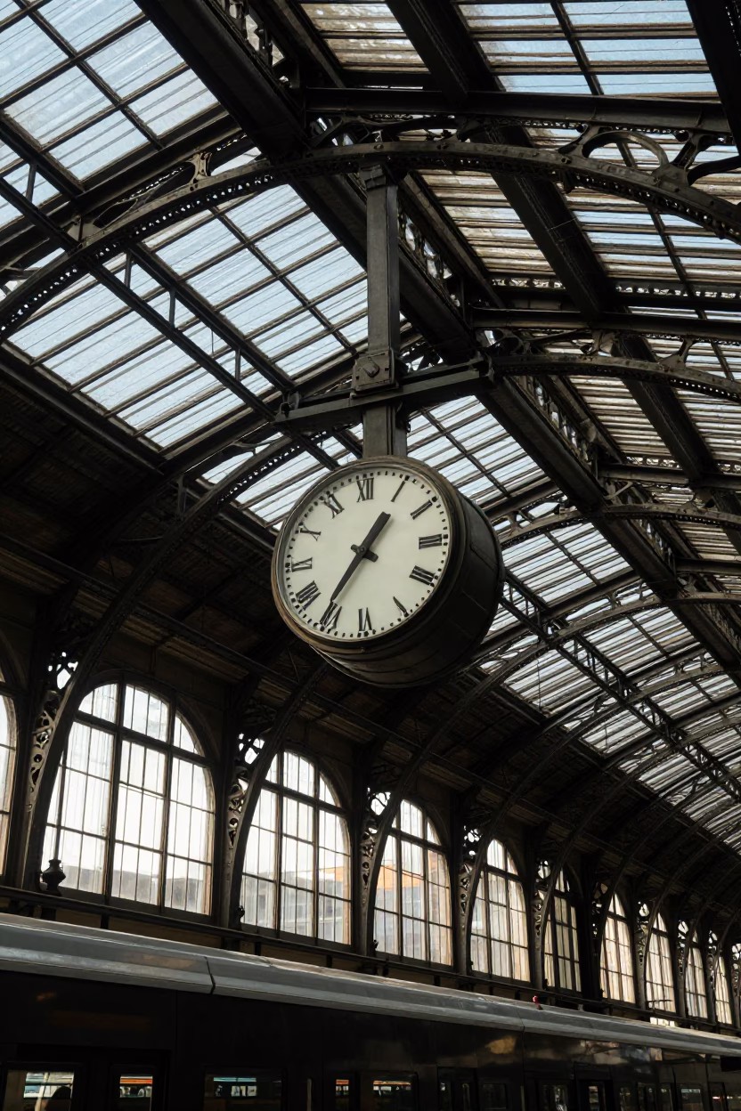 Bilbao Spain Early Afternoon Train Station Clock Under Vaulted Iron Roof in in Bilbao, Spain