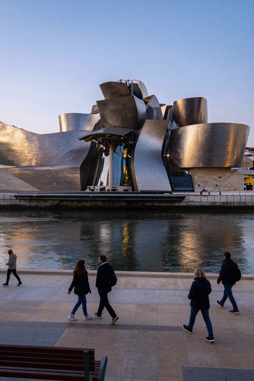 Bilbao Spain Early Evening Street Scene with Guggenheim Museum and Local Life in in Bilbao, Spain