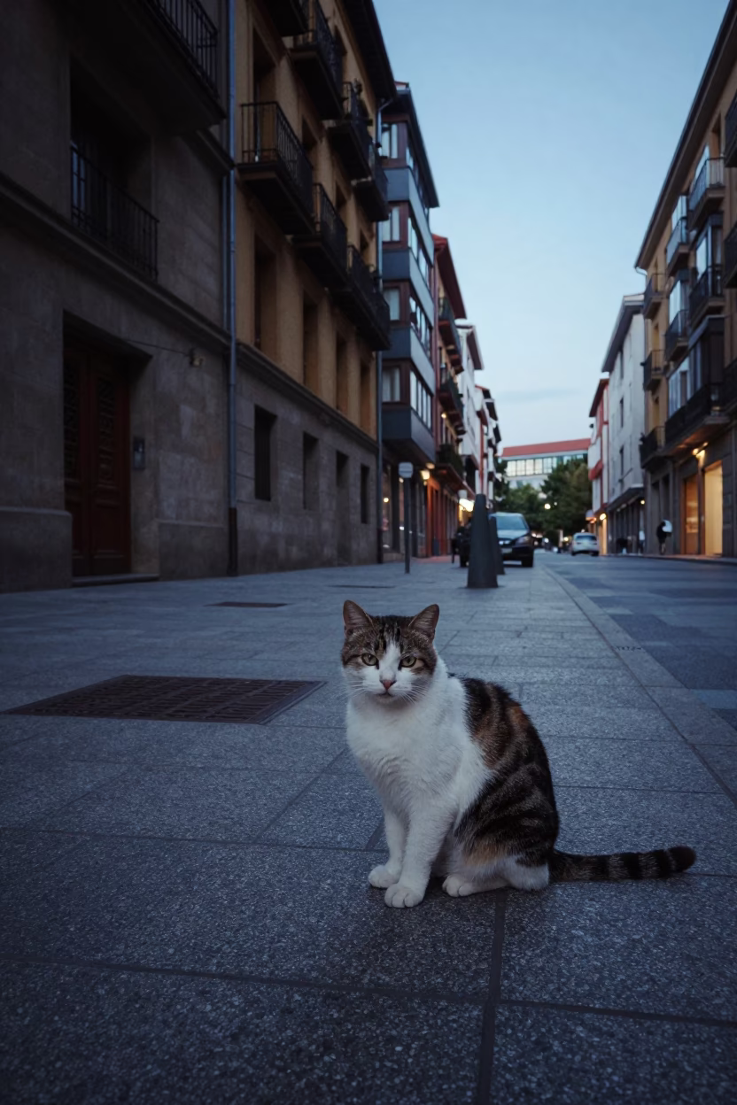 Bilbao Spain Early Evening Street Scene with Kurilian Bobtail Cat and Local Architecture in in Bilbao, Spain