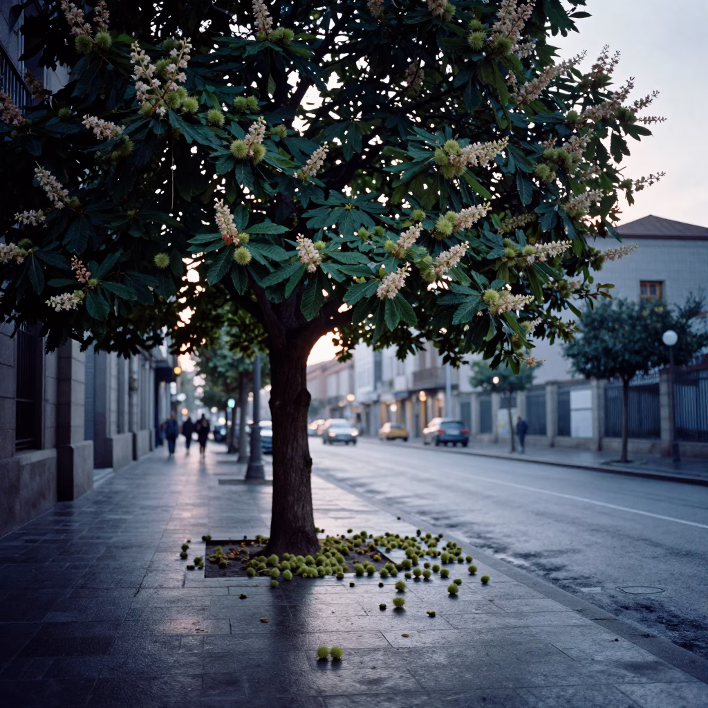 Bilbao Spain Early Morning Street Scene With Chestnut Tree And Train Station Clock in in Bilbao, Spain