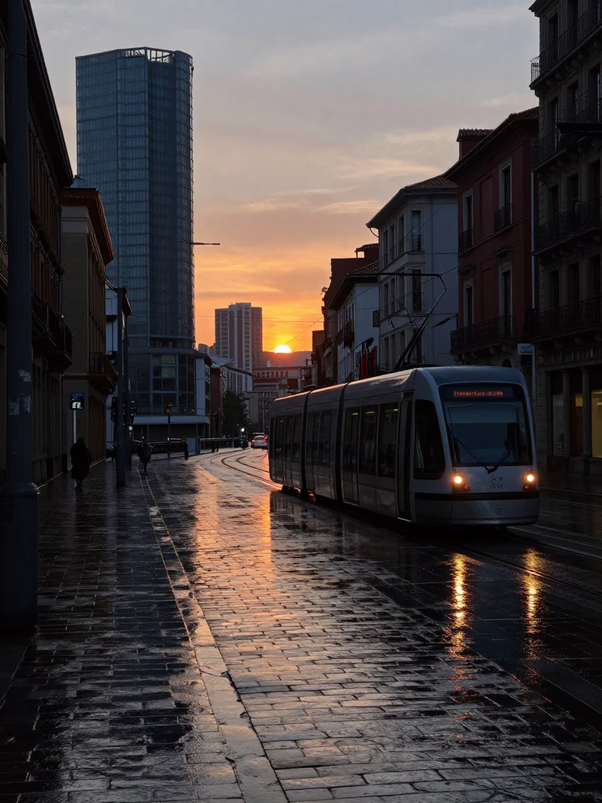 Bilbao Spain Evening Landscape with Tram Reflections on Wet Cobblestones in in Bilbao, Spain