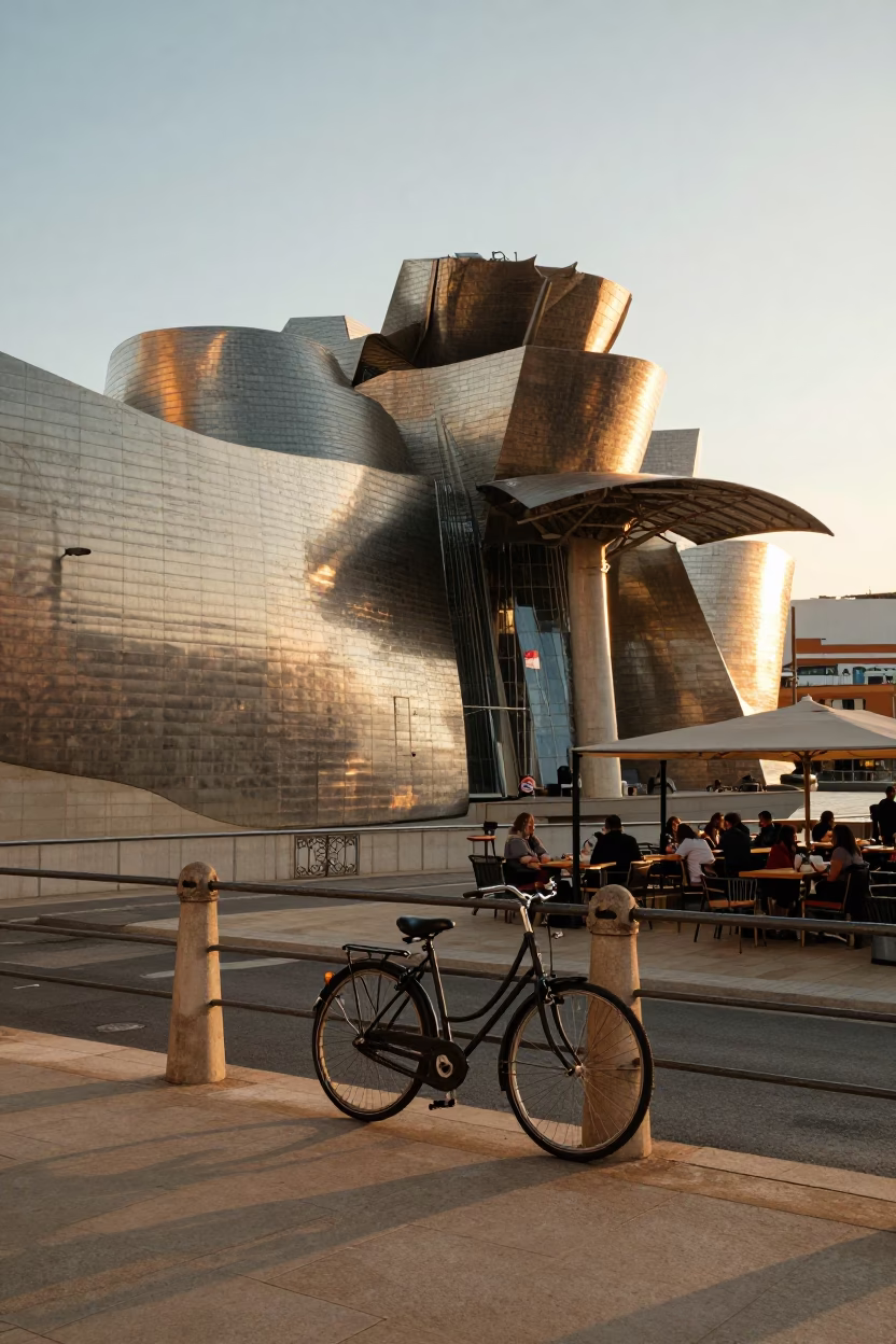 Bilbao Spain Evening Light Street Scene with Bicycle and Local Architecture in in Bilbao, Spain