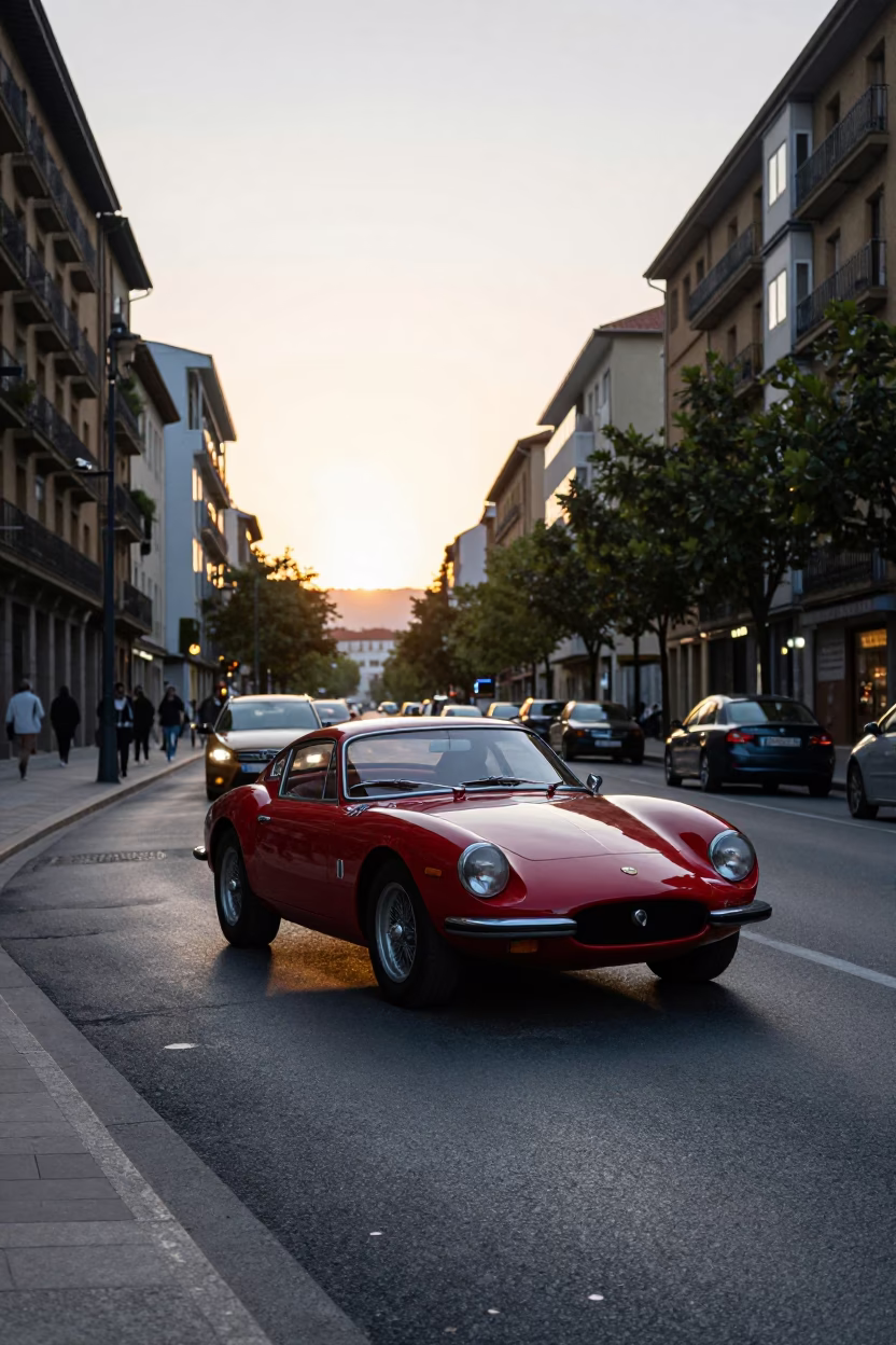 Bilbao Spain Evening Street Scene Vintage Red Sports Car and Urban Activity in in Bilbao, Spain