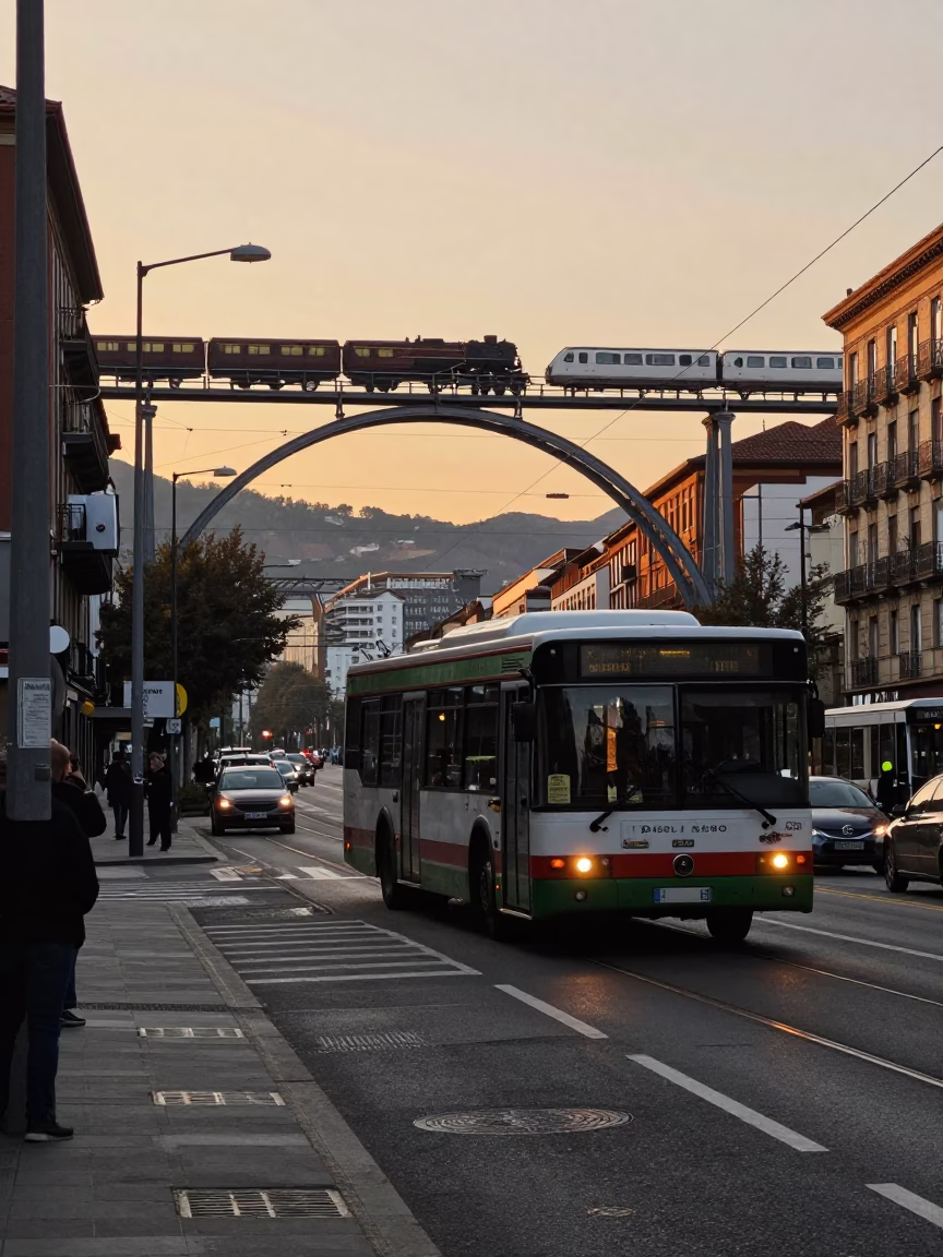 Bilbao Spain Evening Street Scene with Classic Bus and Railway Viaduct in in Bilbao, Spain