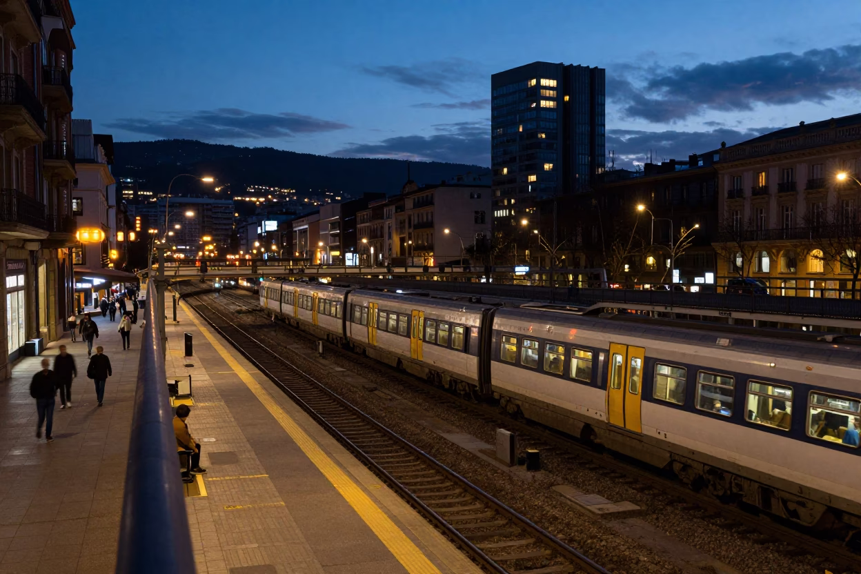 Bilbao Spain Evening Street Scene with Commuter Train and Urban Life in in Bilbao, Spain