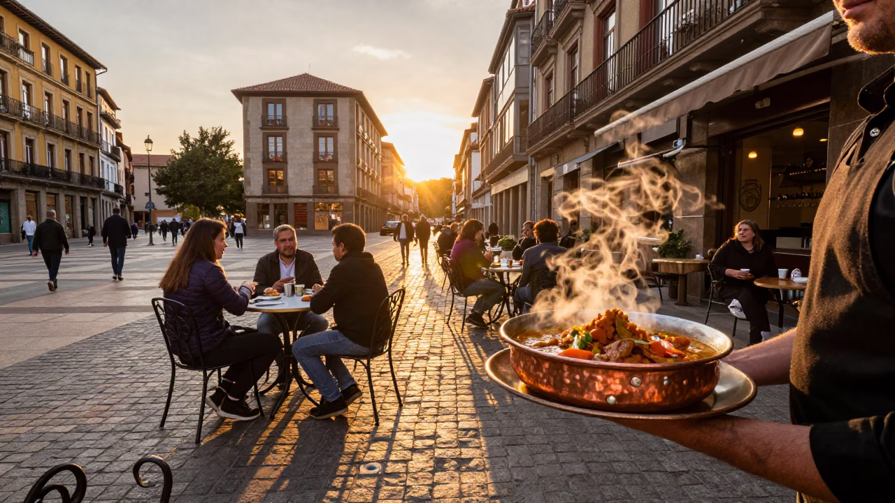 Bilbao Spain Evening Street Scene with Copper Bowls and Local Dining in in Bilbao, Spain