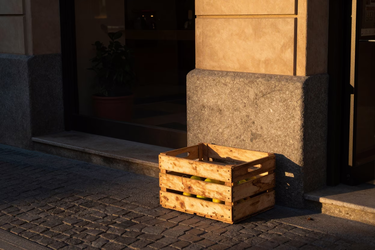 Bilbao Spain Evening Street Scene with Fruit Crate and Potted Herbs in in Bilbao, Spain