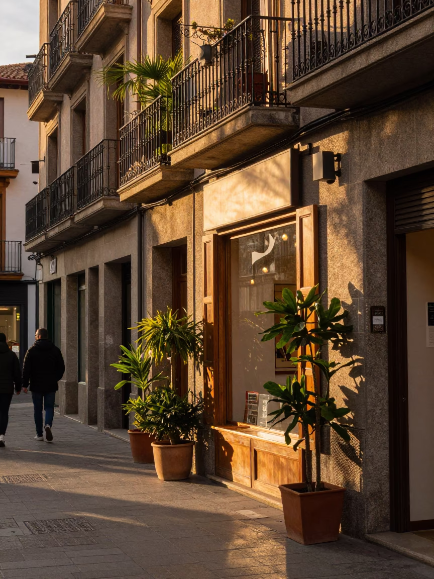 Bilbao Spain Evening Street Scene with Houseplants and Sunlight in 1960s Style in in Bilbao, Spain