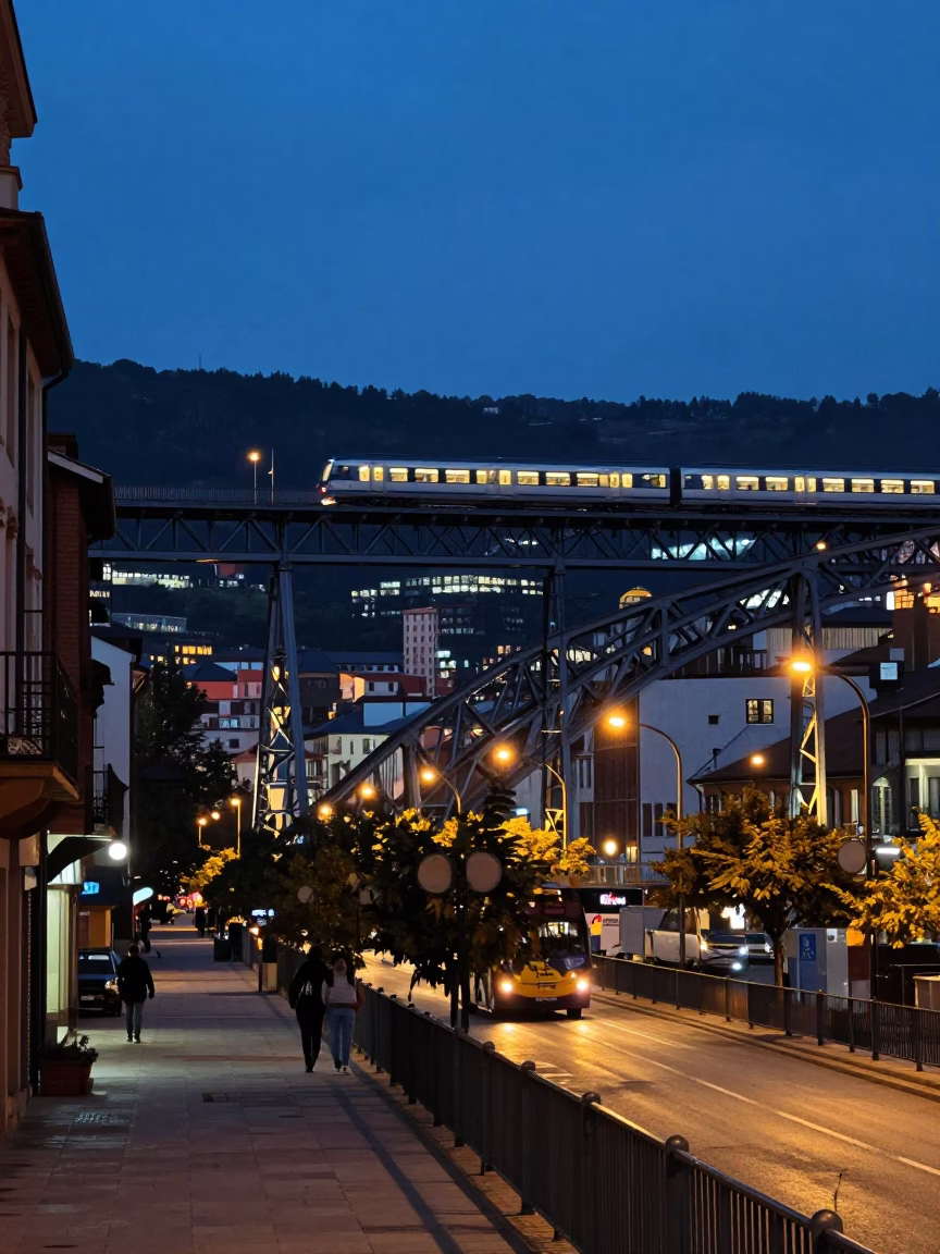 Bilbao Spain Evening Street Scene with Iron Bridge and Train Lights in in Bilbao, Spain