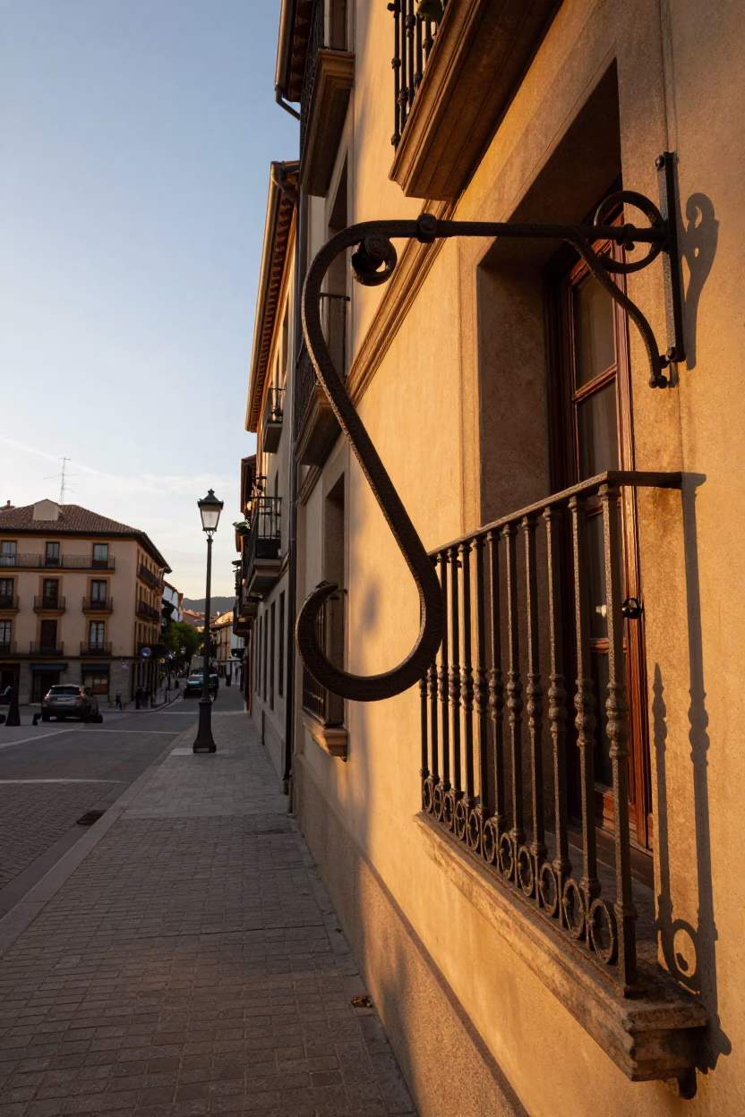Bilbao Spain Evening Street Scene with Iron Hook Detail and Urban Atmosphere in in Bilbao, Spain