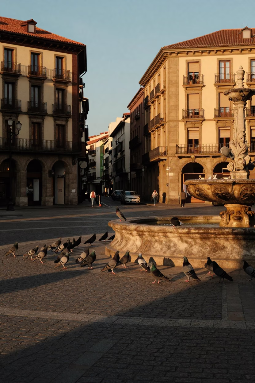 Bilbao Spain Evening Street Scene with Pigeons and Local Architecture in in Bilbao, Spain