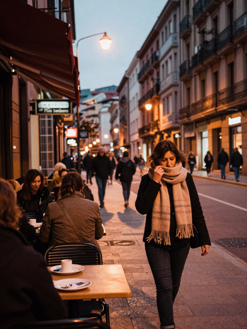 Bilbao Spain Evening Street Scene with Scarf and Plate in in Bilbao, Spain