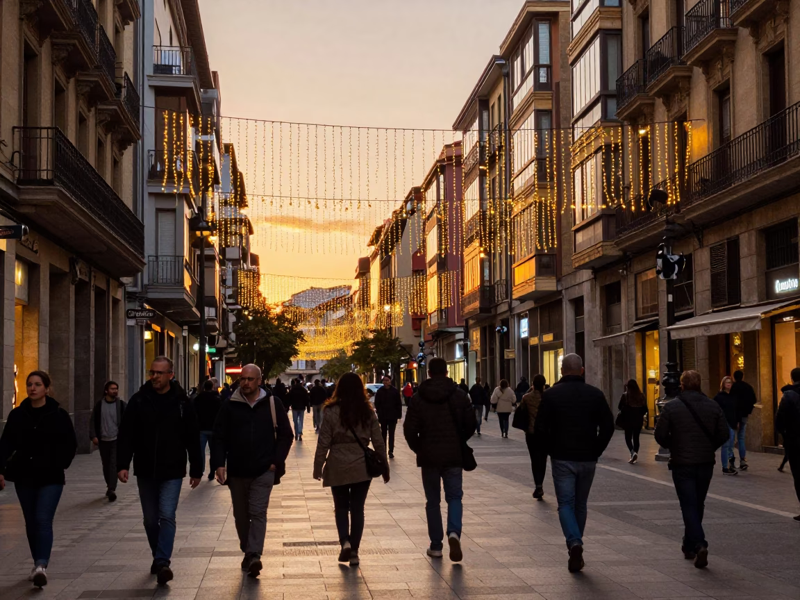 Bilbao Spain Evening Street Scene with String Lights and Busy Pedestrians in in Bilbao, Spain