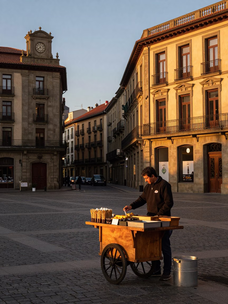 Bilbao Spain Evening Street Scene with Traditional Food and Urban Architecture in in Bilbao, Spain