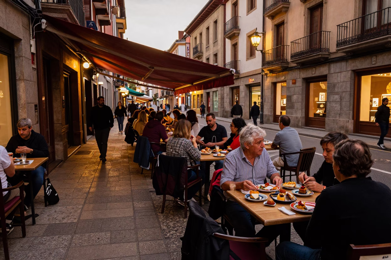 Bilbao Spain Evening Street Scene with Traditional Pintxos and Ceramic Tableware in in Bilbao, Spain
