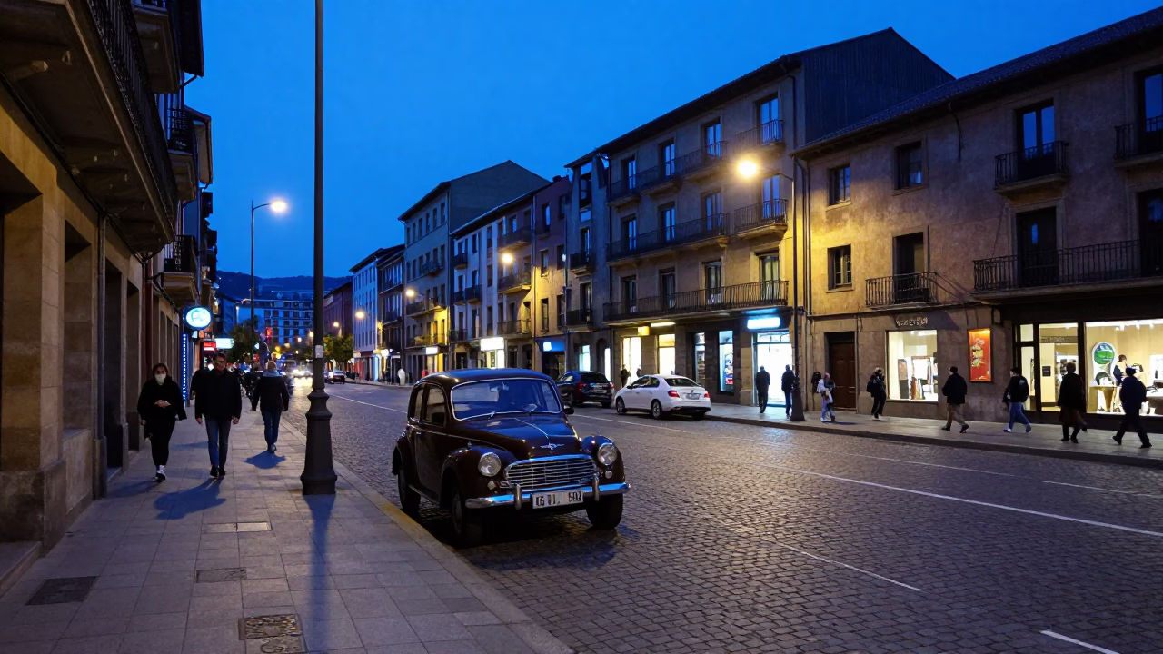 Bilbao Spain Evening Street Scene with Vintage Car and Local Life in in Bilbao, Spain