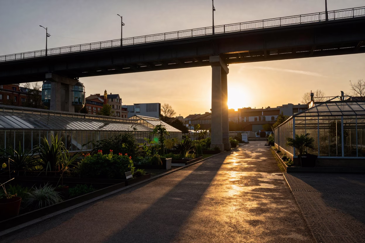 Bilbao Spain Evening Viaduct Shadow Over Allotment Gardens High Fashion Street Style in in Bilbao, Spain