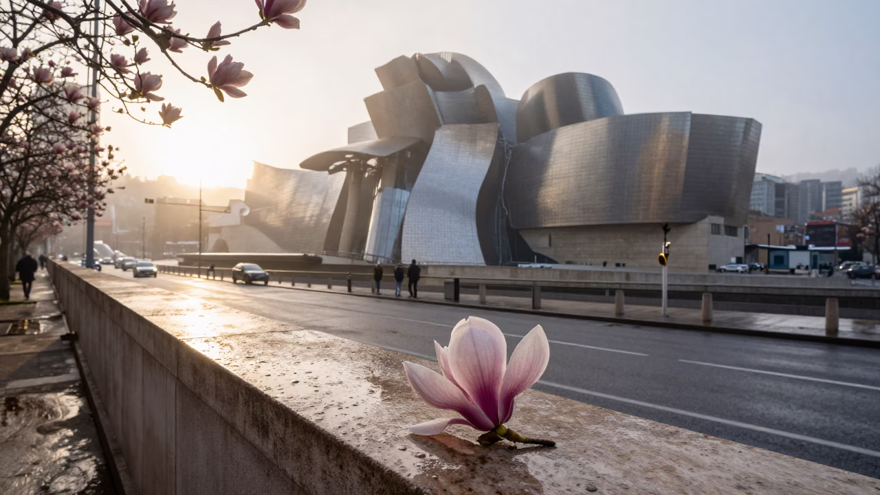 Bilbao Spain First Light Dawn Street Scene with Magnolia Bloom and Urban Details in in Bilbao, Spain