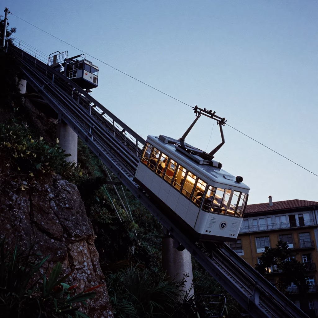 Bilbao Spain Funicular Railway Approach at Pre-Dawn Light Near Cliffside Restaurant in in Bilbao, Spain