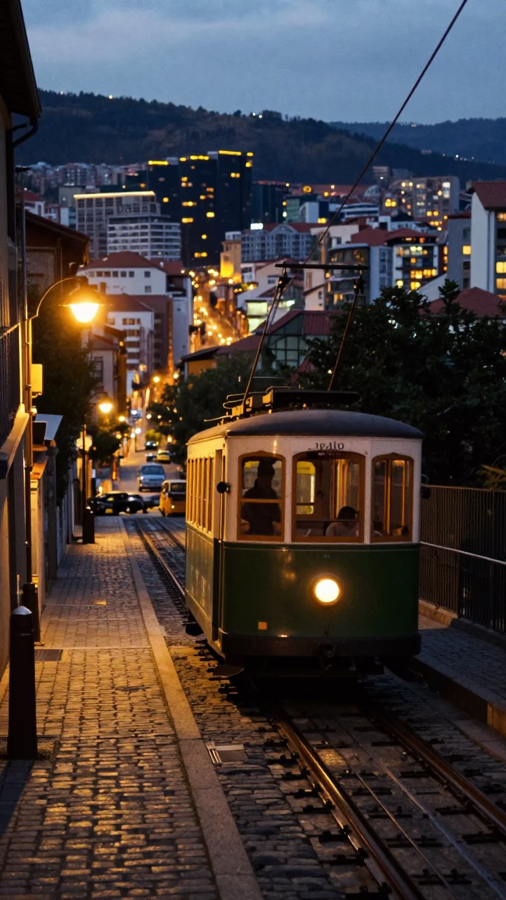 Bilbao Spain Funicular Railway Climbing Steep Hillside at Dusk with City Lights in in Bilbao, Spain
