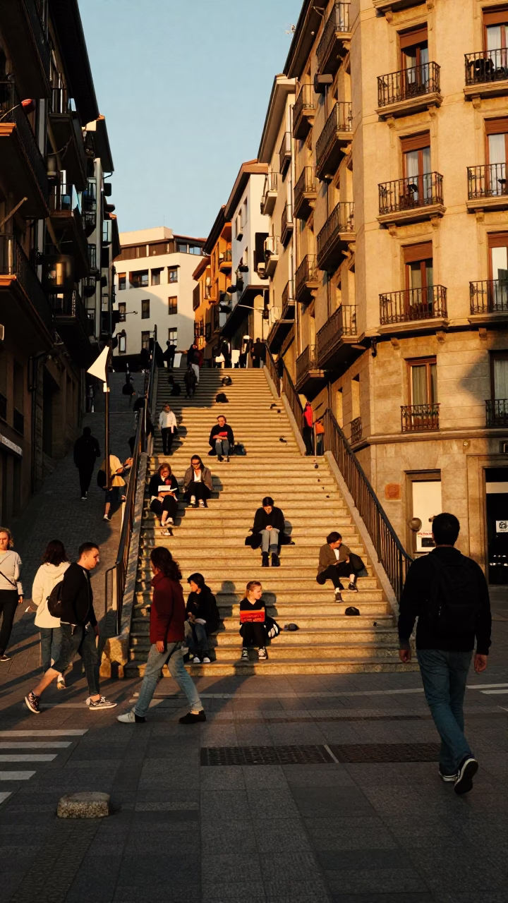Bilbao Spain Golden Hour Busy Street Scene with School Staircase and Local Life in in Bilbao, Spain