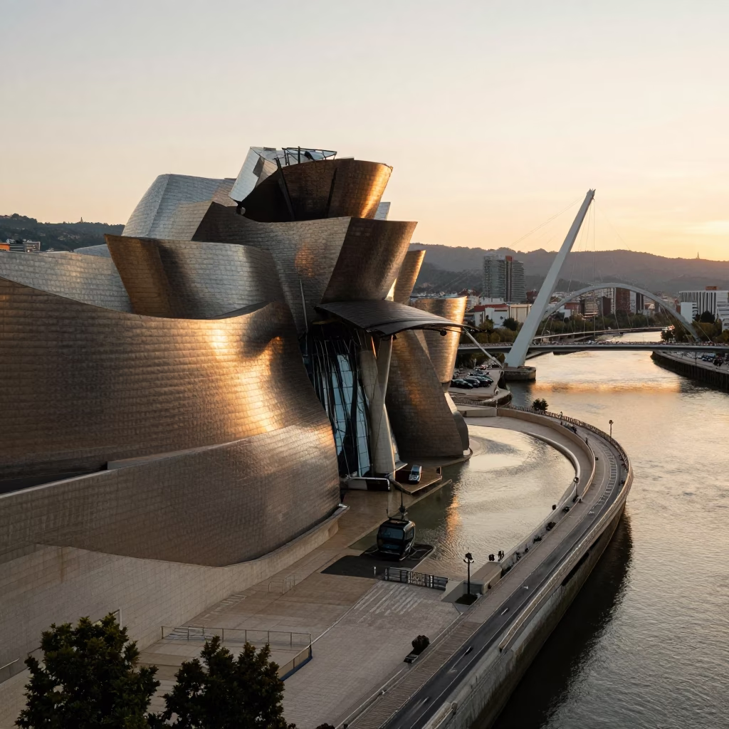Bilbao Spain Golden Hour Street Scene with Aerial Tramway and River Light in in Bilbao, Spain