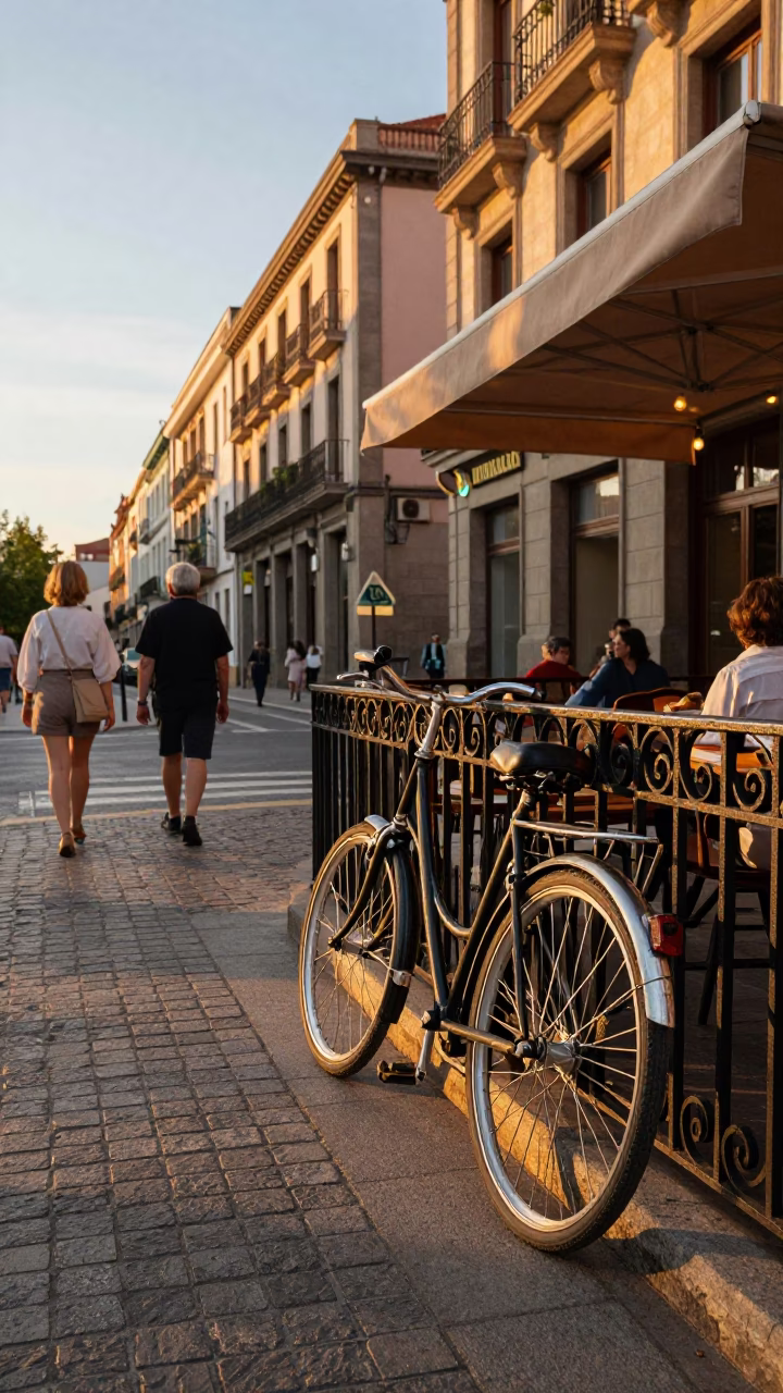 Bilbao Spain Golden Hour Street Scene with Bicycle Leaning Against Cafe in in Bilbao, Spain