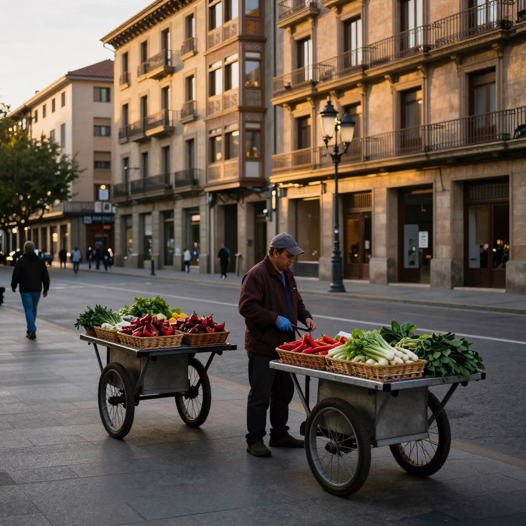 Bilbao Spain Golden Hour Street Scene with Rolling Carts and Lanterns in in Bilbao, Spain