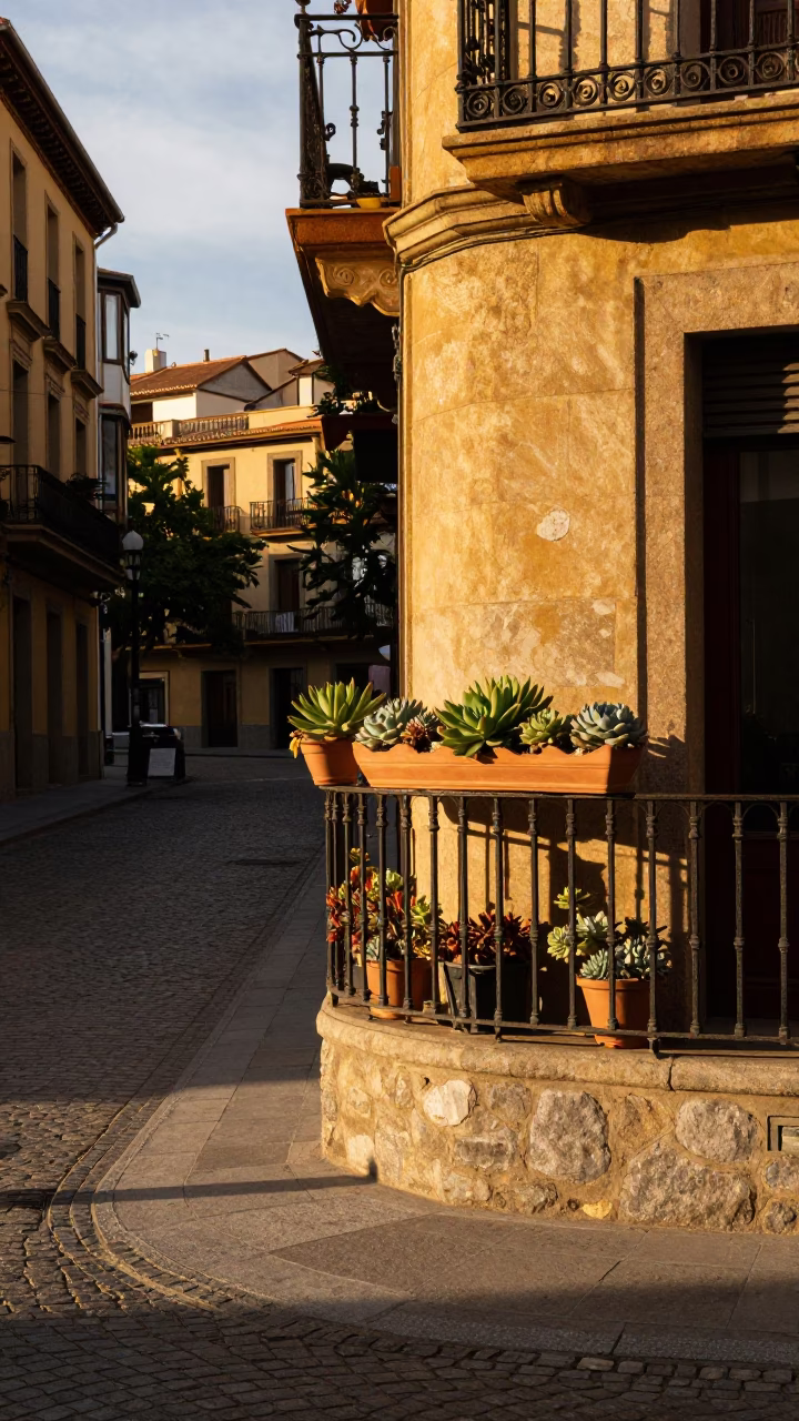 Bilbao Spain Golden Hour Street Scene with Terracotta Succulents and Architectural Details in in Bilbao, Spain
