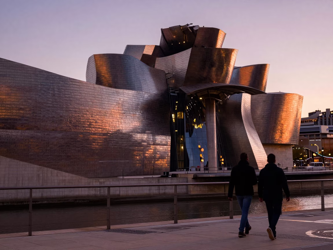 Bilbao Spain Guggenheim Museum copper dusk light urban street photography in in Bilbao, Spain