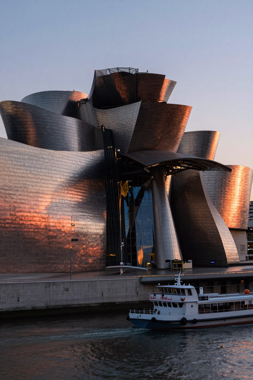 Bilbao Spain Guggenheim Museum Evening Copper Light Urban Architecture in in Bilbao, Spain