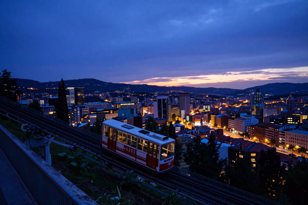 Bilbao Spain indigo twilight funicular climbing steep hill cityscape horizon in in Bilbao, Spain