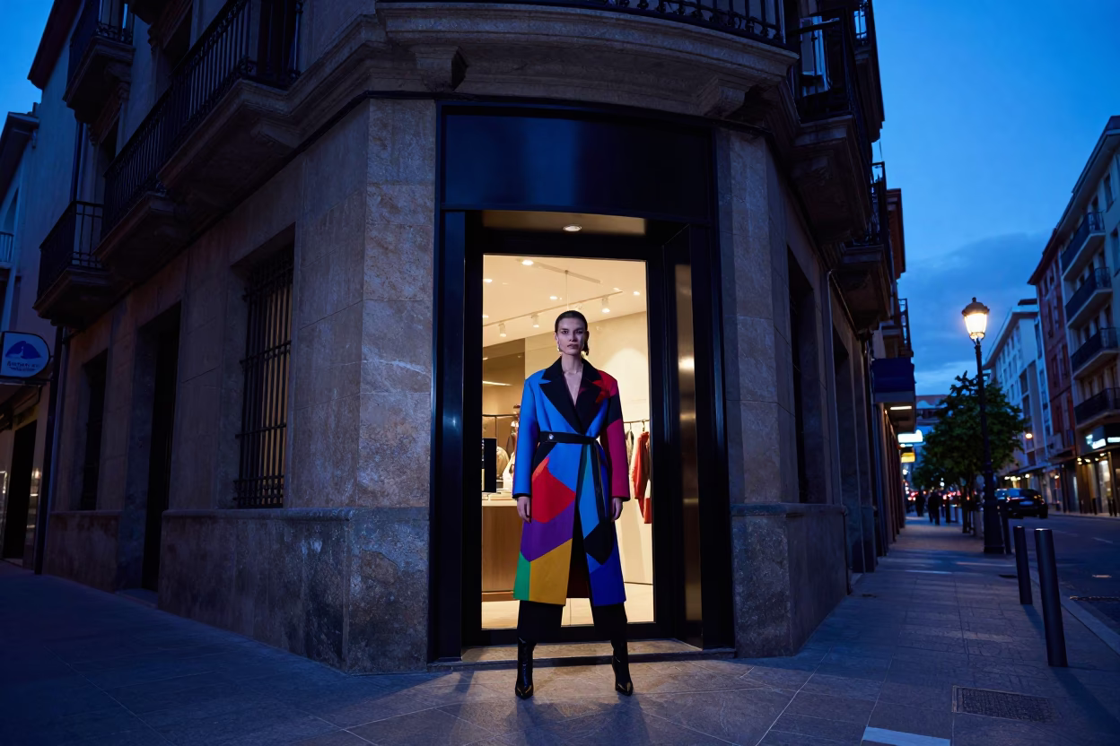 Bilbao Spain Indigo Twilight High Fashion Street Scene with Glossy Enamel Surfaces in in Bilbao, Spain