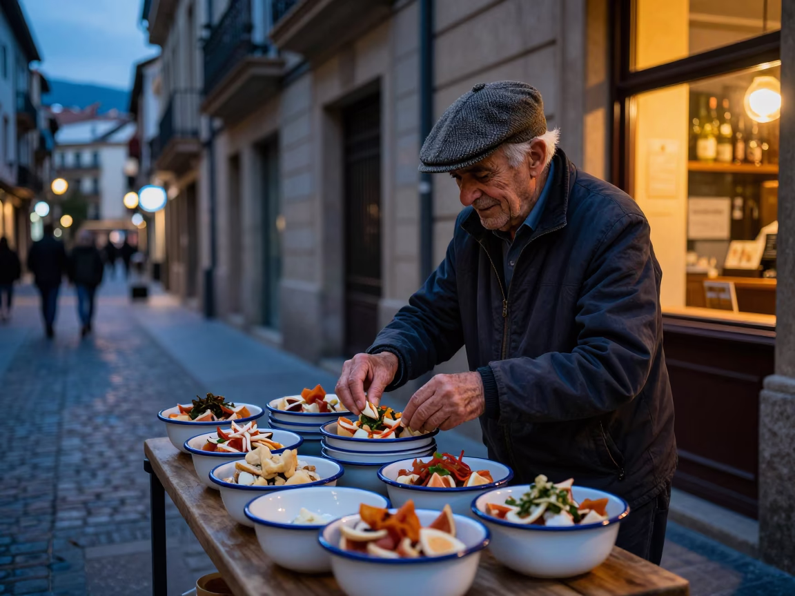 Bilbao Spain Indigo Twilight Street Scene with Enamel Bowls and Leaf Shadows in in Bilbao, Spain