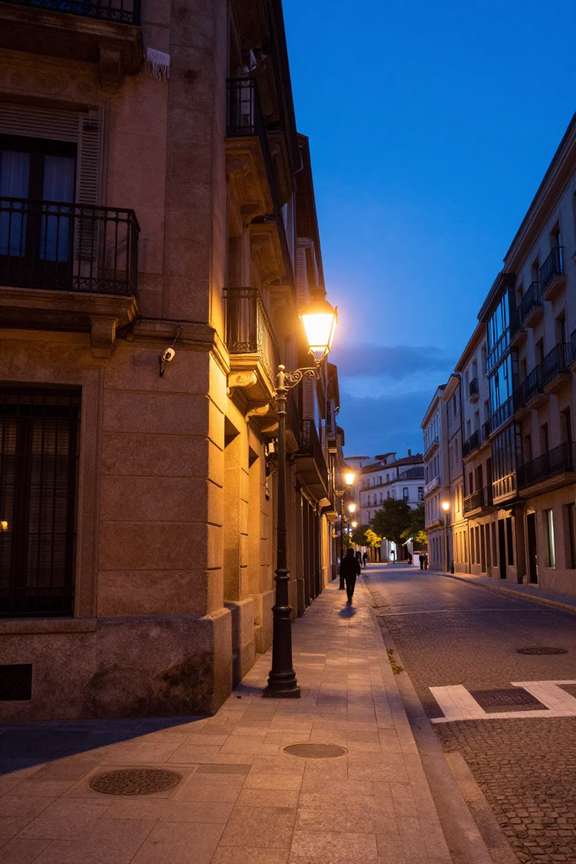 Bilbao Spain Indigo Twilight Street Scene with Linen Fringe and Table Lamp in in Bilbao, Spain