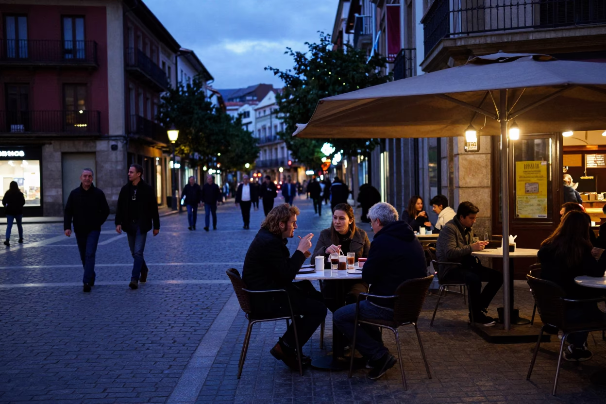 Bilbao Spain Indigo Twilight Street Scene with Local Cafe Interaction and Bread Basket in in Bilbao, Spain