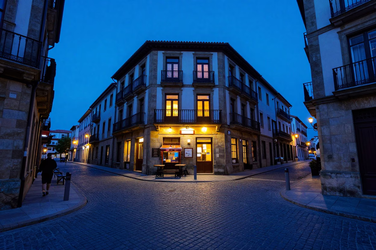 Bilbao Spain Indigo Twilight Street Scene with Local Diners and Urban Architecture in in Bilbao, Spain