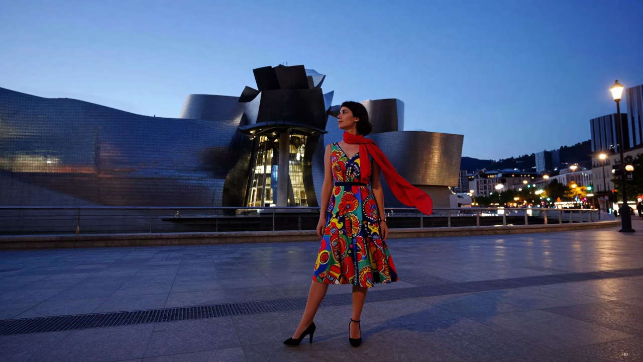 Bilbao Spain Indigo Twilight Street Scene with Scarf and Bridge Pier in in Bilbao, Spain