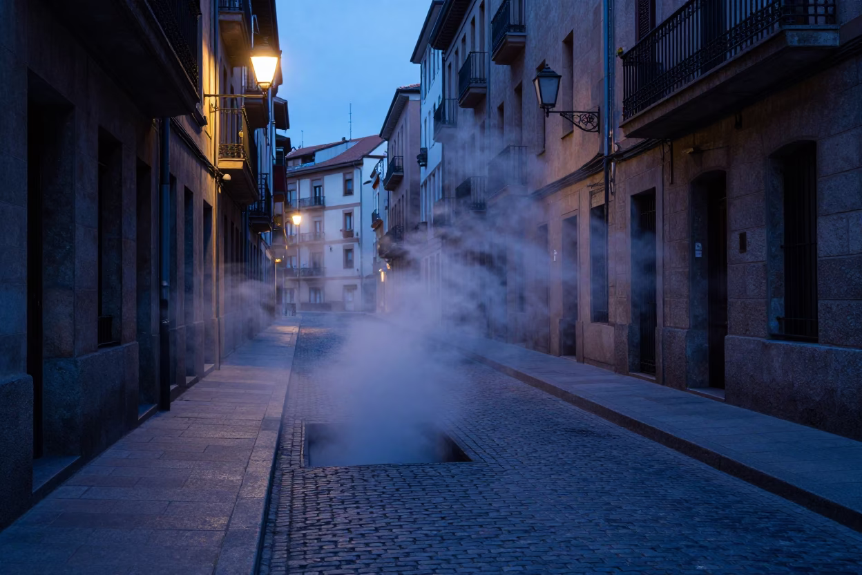 Bilbao Spain indigo twilight street scene with steam and wool scarves in in Bilbao, Spain