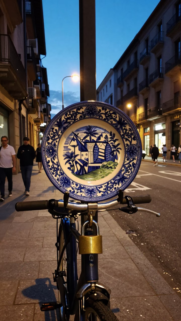 Bilbao Spain Indigo Twilight Street Scene with Vintage Majolica Plate and Padlock in in Bilbao, Spain