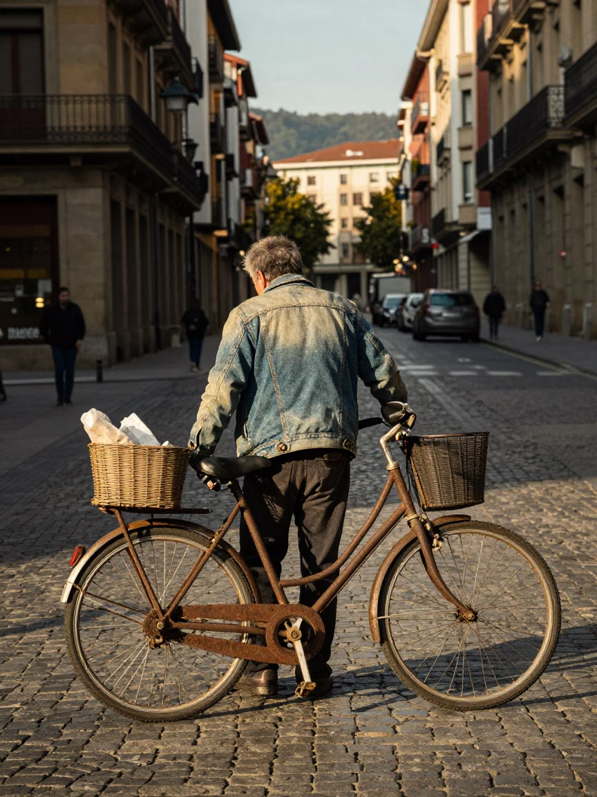 Bilbao Spain Late Afternoon Street Scene with Bicycle Basket and Hand Tool in in Bilbao, Spain
