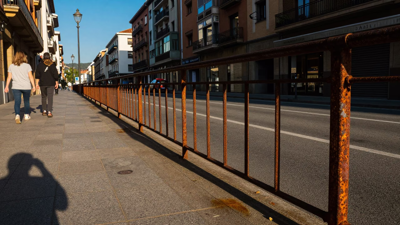 Bilbao Spain Late Afternoon Street Scene with Rusty Railings and Coiled Rope in in Bilbao, Spain