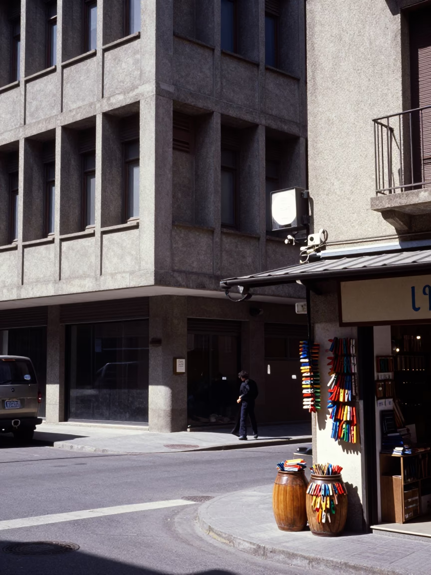 Bilbao Spain Midday Street Scene with Brutalist Architecture and Local Commerce in in Bilbao, Spain