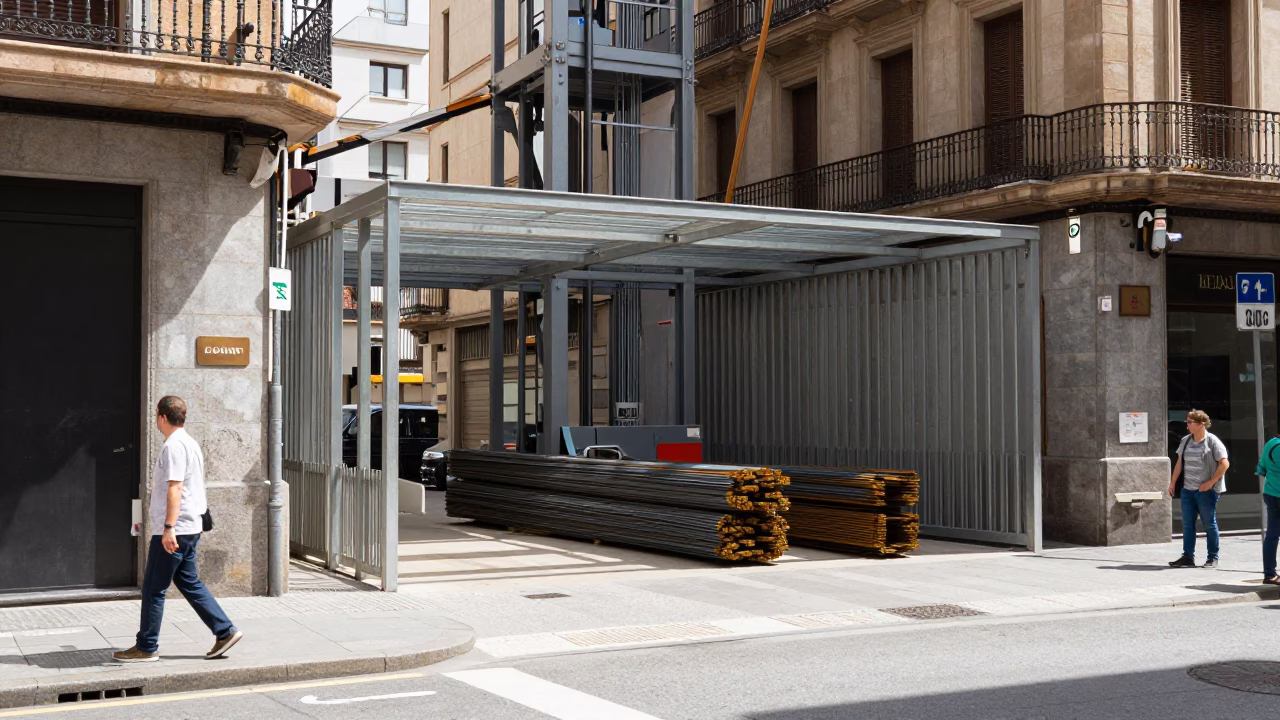 Bilbao Spain Midday Street Scene with Construction Elevator Gate and Rebar Bundles in in Bilbao, Spain