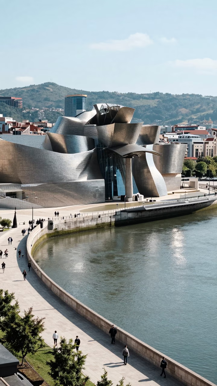 Bilbao Spain Midmorning Cityscape View of Guggenheim Museum and Nervion River Bridge in in Bilbao, Spain